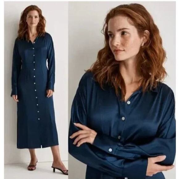 Madewell Button Front Utility Shirtdress in Satin Deep Indigo Blue NWT M - Picture 1 of 15